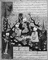 Ferdows (lower left corner) with three poets in a garden, miniature from a Persian …